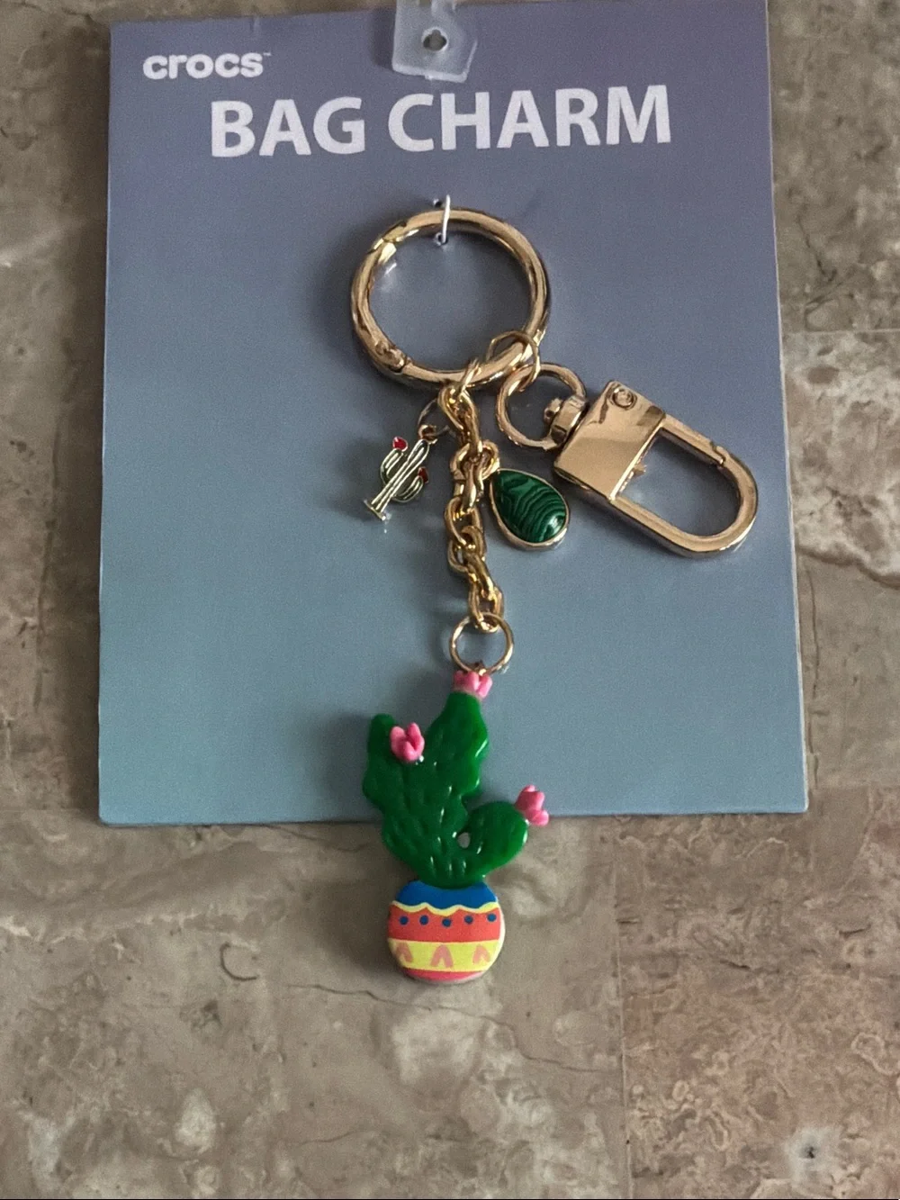 CROCS Green Cactus Bag Charm with Pink Flowers & Gold Hardware